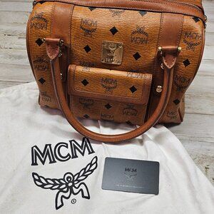 MCM Cognac Visetos Boston Satchel Bag Authentic | Medium Size | Dust Bag